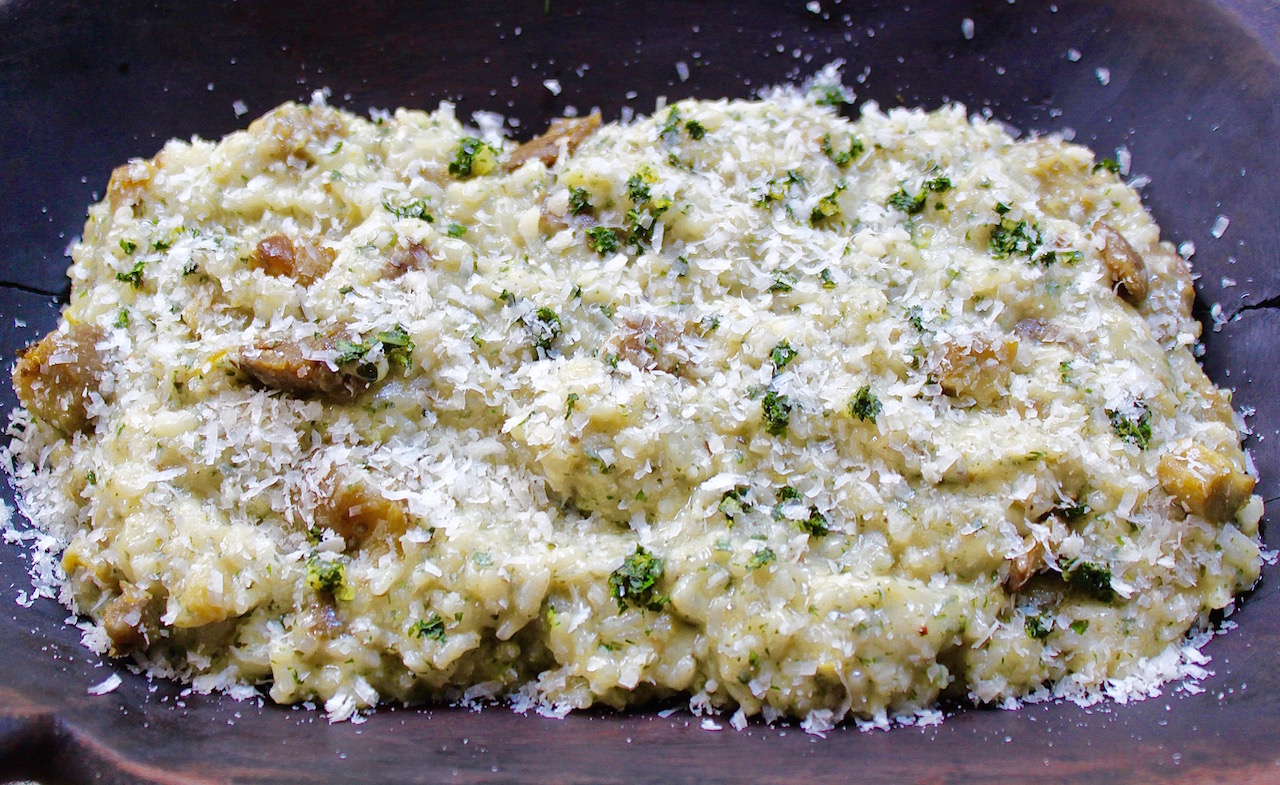 Burnt Aubergine & Preserved Lemon Risotto with Fresh Herbs.