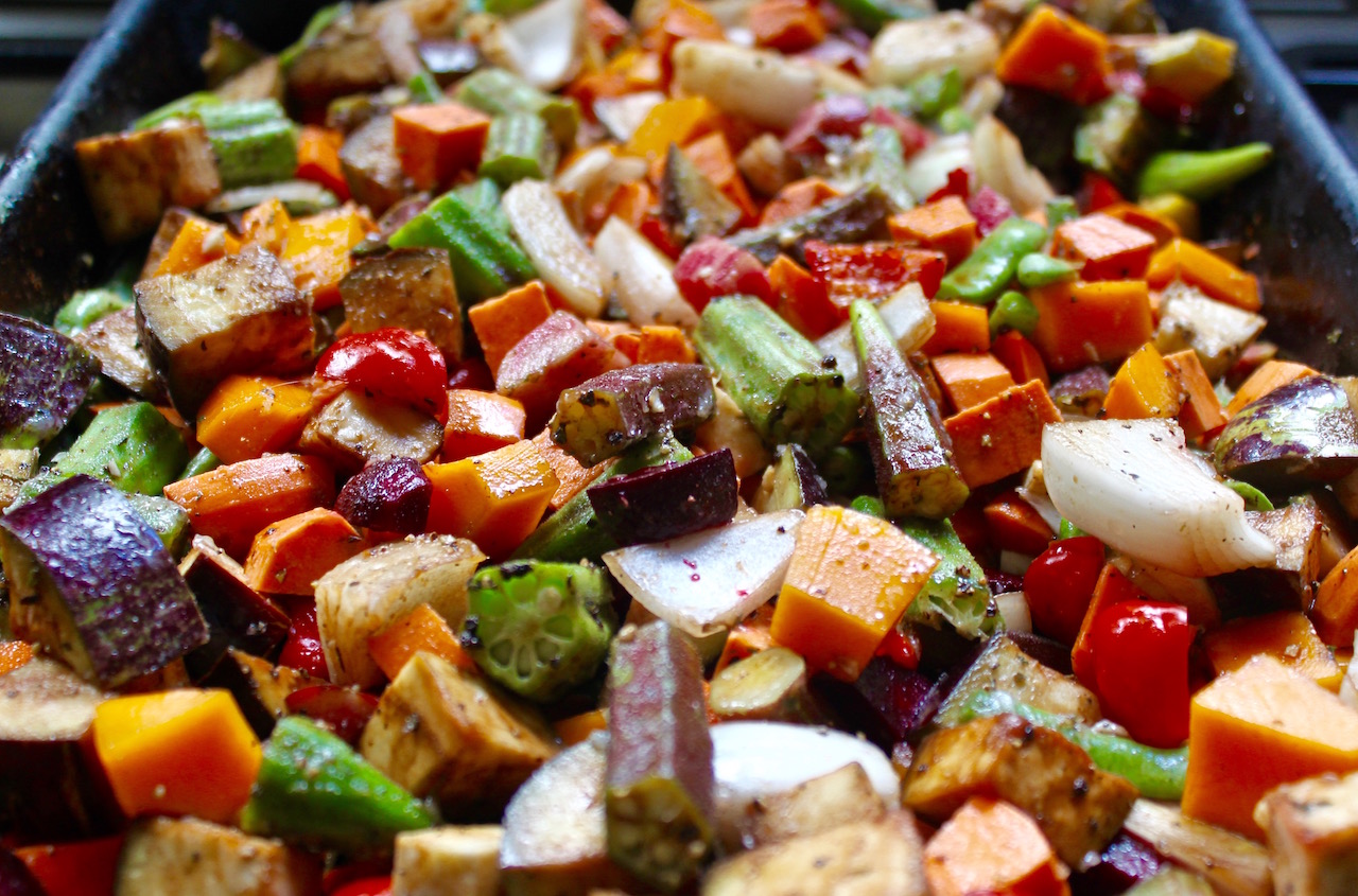 Homegrown vegetables prepared for roasting.