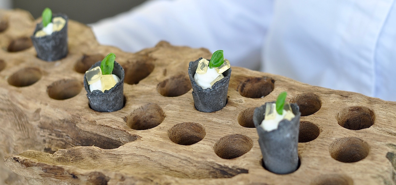 Burrata & Creamed Goat's Cheese in a Charcoal Cone served with Basil & Honey Jelly.