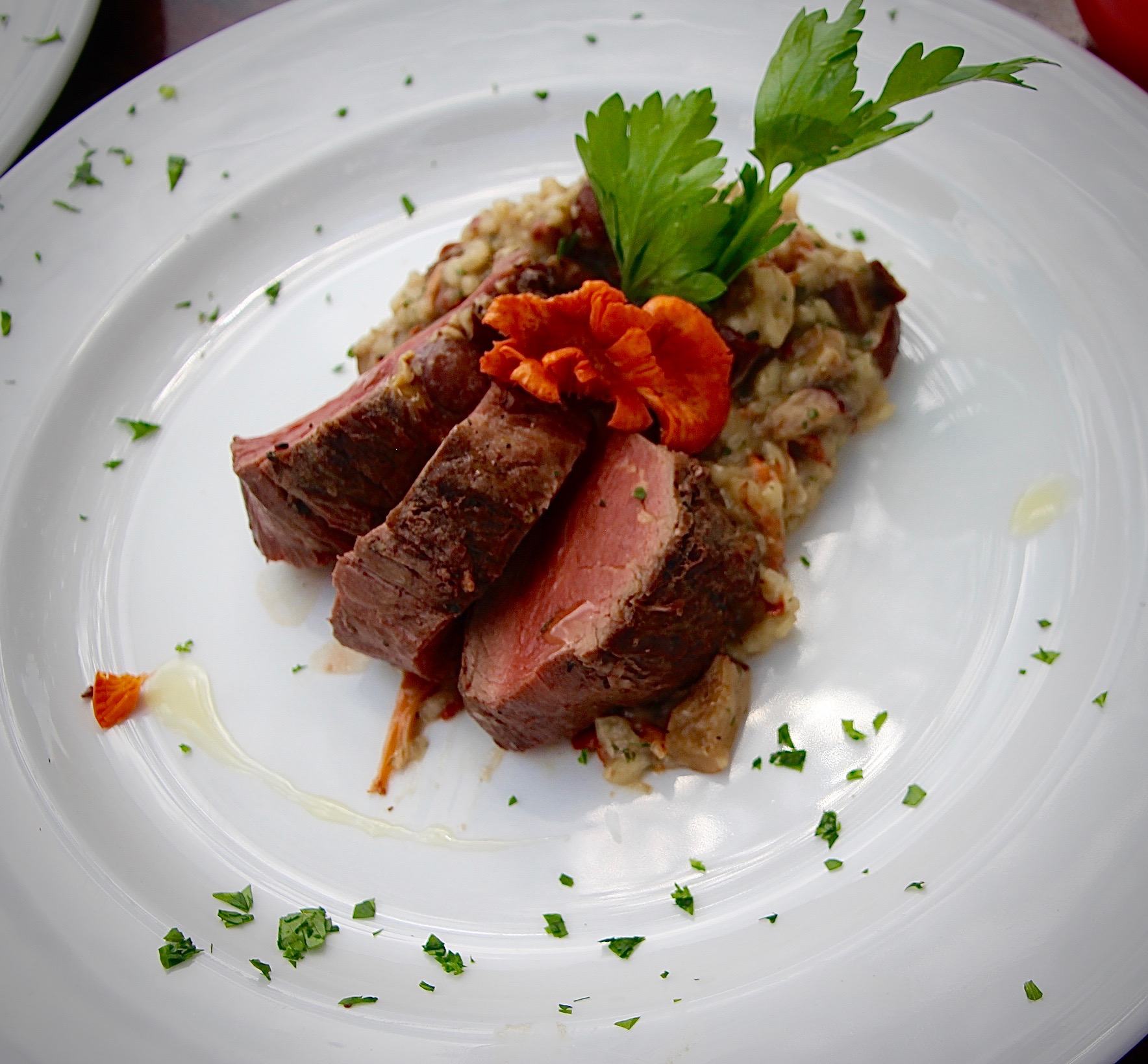 Beef Tenderloin with White Truffle oil, and Wild Mushroom Risotto.