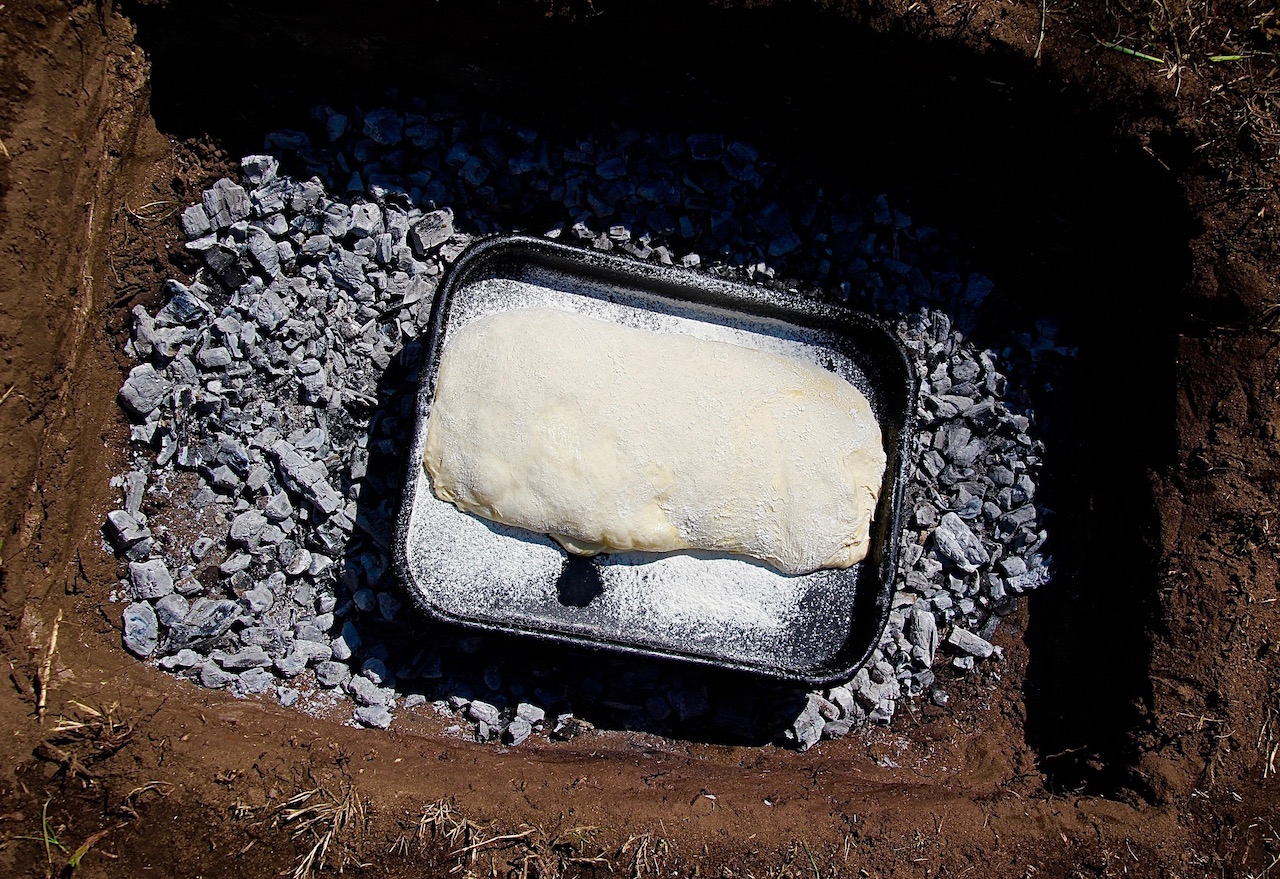 The ciabatta bread before being cooked in Tom's bush oven.