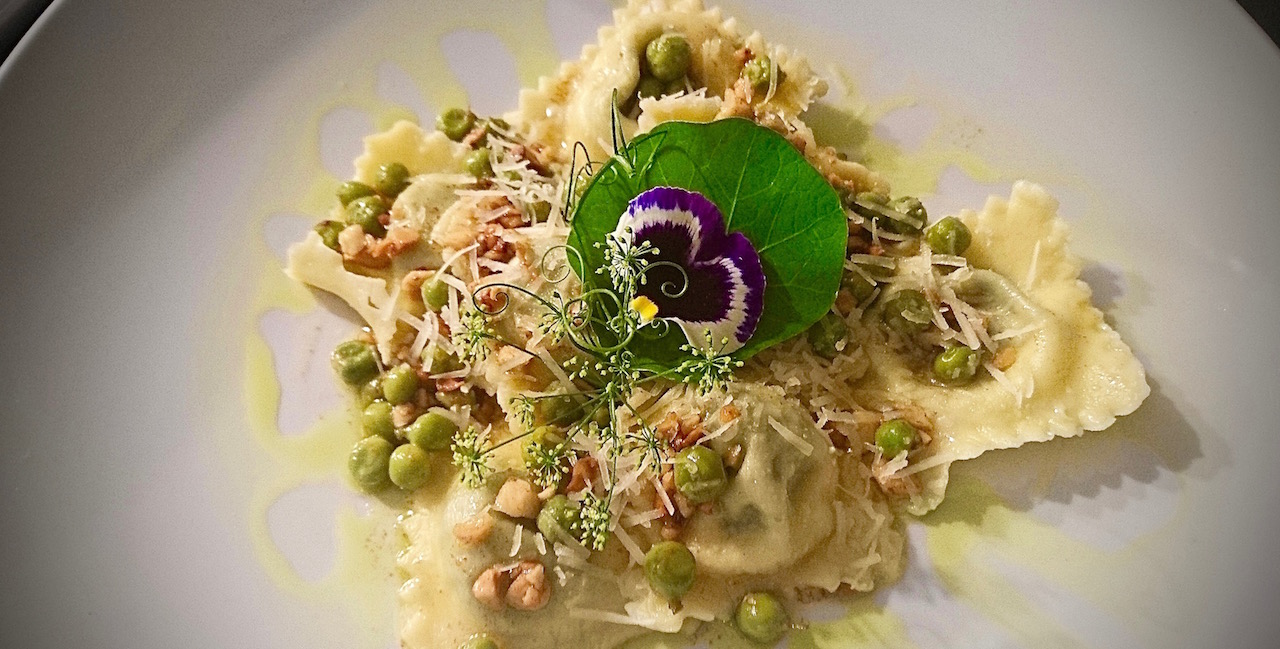 Mongongo Nut, Basil & Nasturtium Leaf Ravioli with Garden Peas & Lime-infused Beurre Noisette.