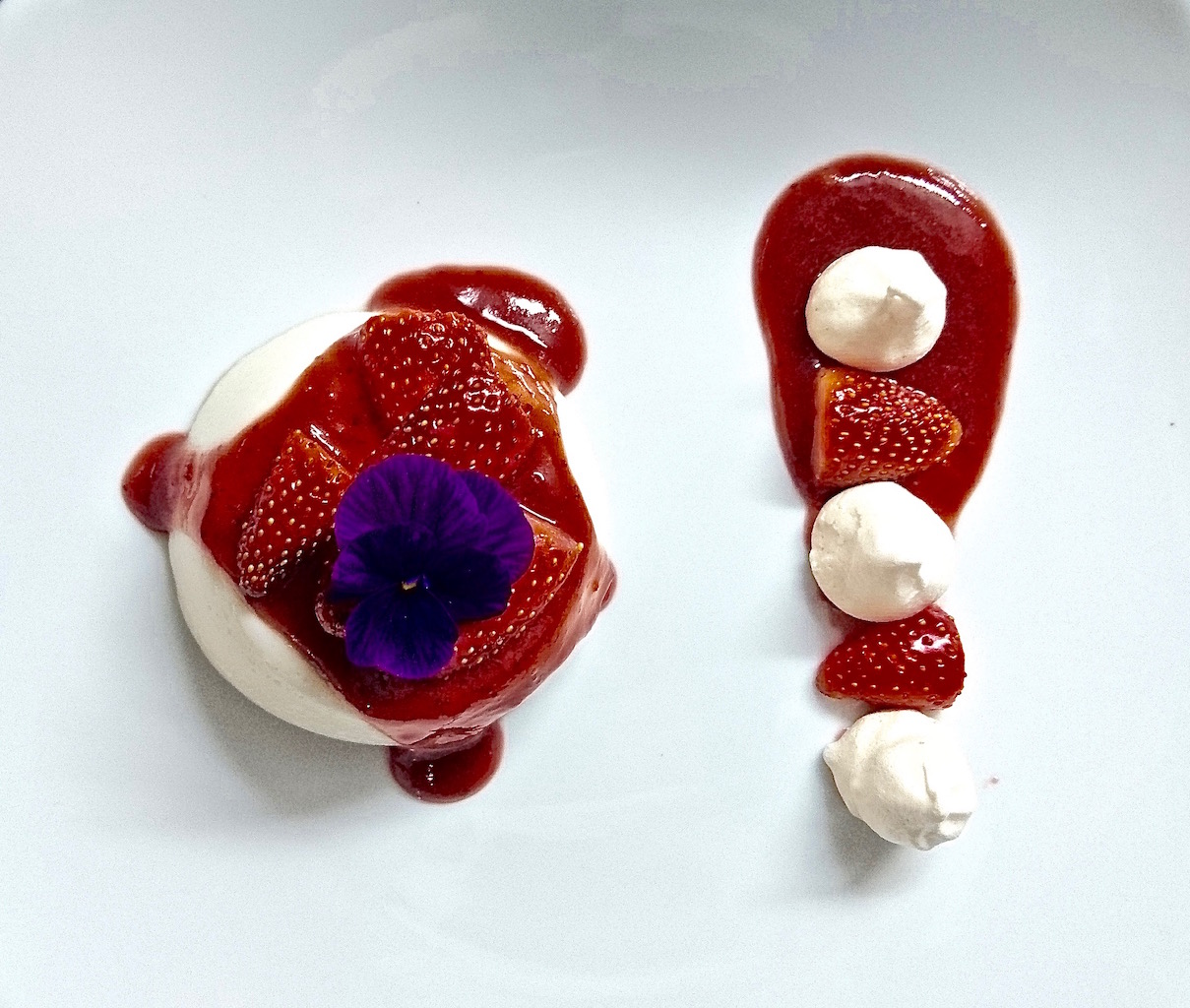 Munkoyo Panna Cotta with Seasonal Strawberries & Baby Meringues.