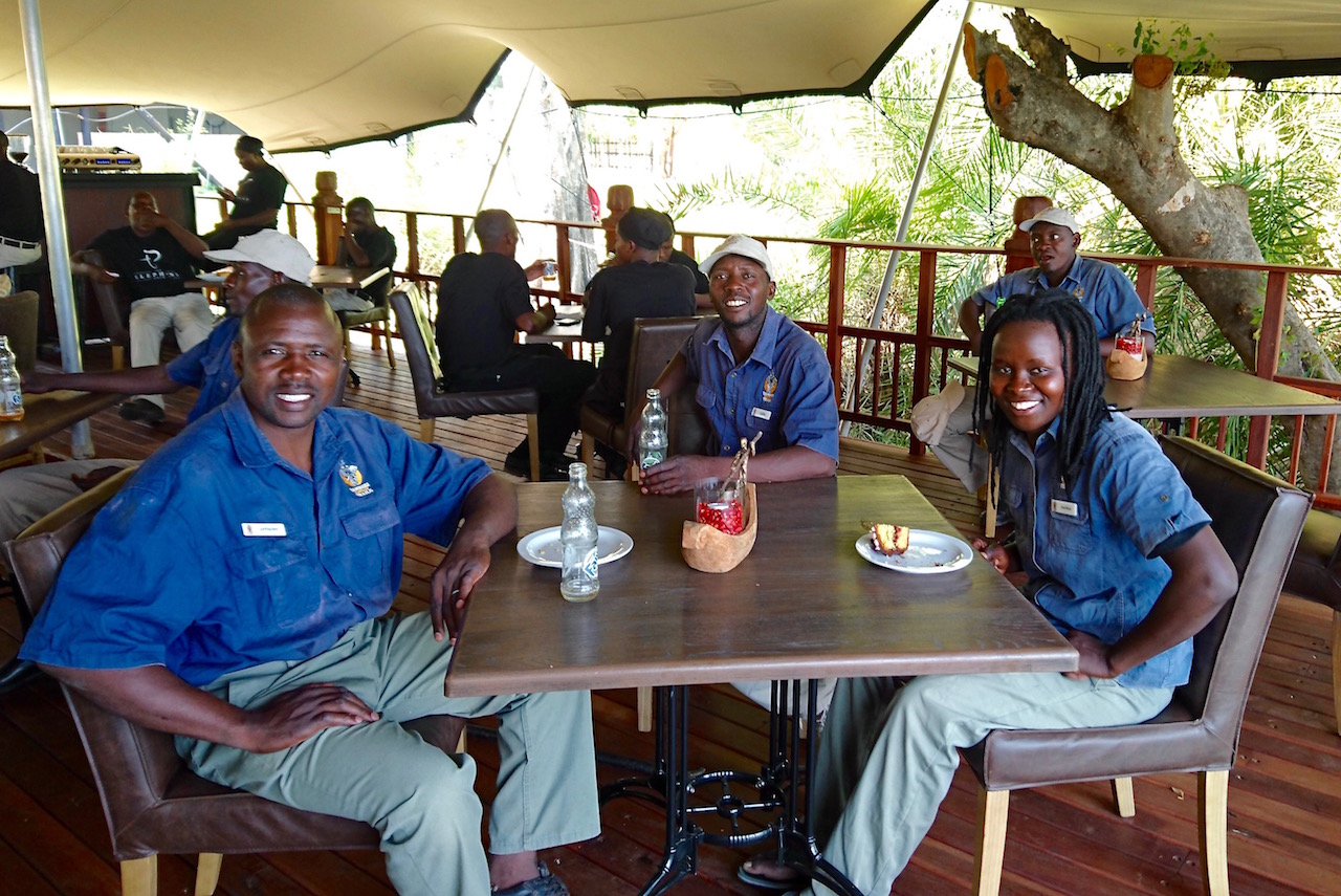 Rachel with some of her fellow handlers on the deck at The Elephant Café.