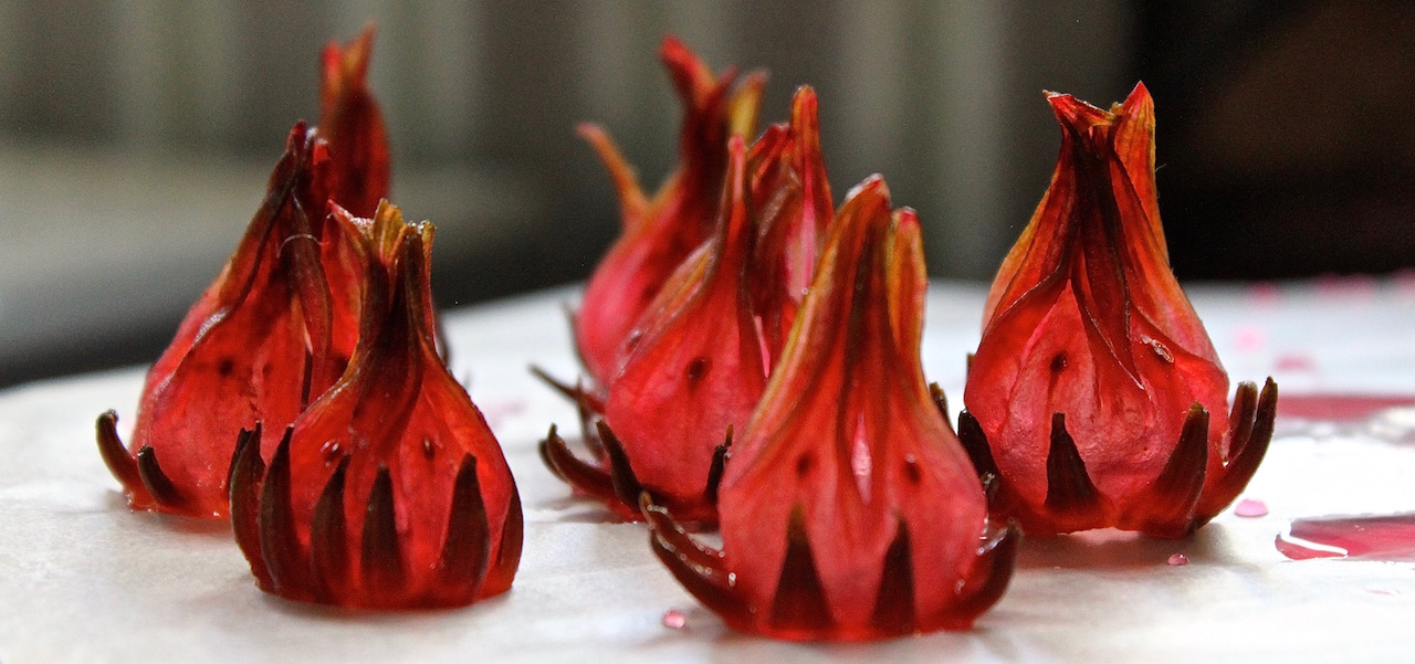 Candied sindambi, or wild hibiscus, calyxes, which we add to our Wild Kir Royale aperitif at The Elephant Café.